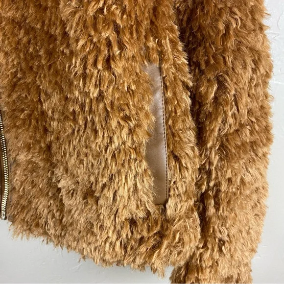 Anthropologie Maeve Teddy Zip-Up Coat Faux Fur Cropped Honey Brown NWT$170 2X